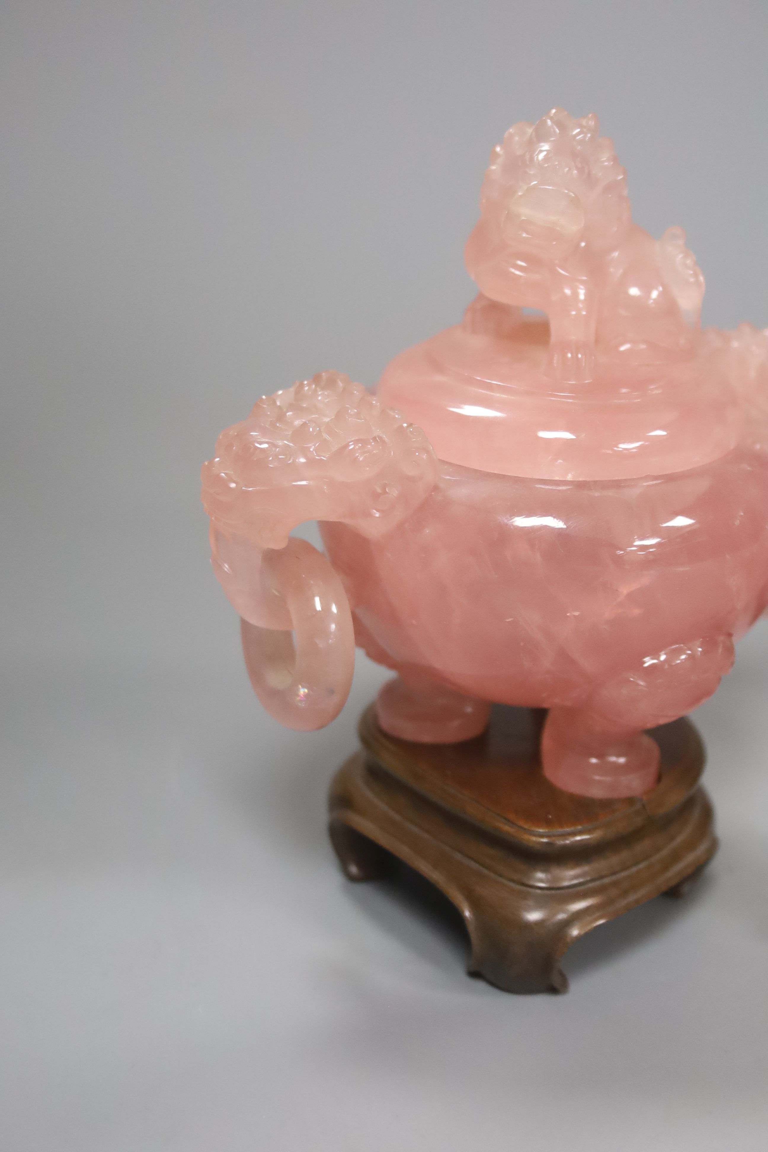 A Chinese rose quartz censer and cover on stand and four other items, including two further hardstone censers and covers and two small models of deer (5)